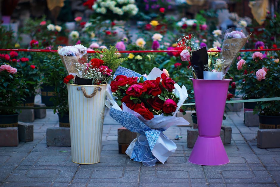A bouquet of vibrant red roses wrapped in white and blue paper, placed between a tall, white and gold-striped ceramic vase holding mixed flowers including carnations and baby's breath, and a purple pl