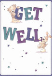 This endearing get well card radiates cheer and hopeful reassurance, much like a comforting delivery from a favourite Canary Wharf florist. At the centre are two loveable friends-a cuddly teddy bear and a floppy-eared pup-who seem to spring to life, their playfulness captured in expressive poses as they hold and balance the prominent 'Get Well' message. Vivid indigos and teals saturate the large letters, which dance boldly against a serene cream background reminiscent of early morning light on the Wharf. Scattered across the card, clusters of blue and purple stars twinkle and shimmer, lending a magical, uplifting atmosphere that's as heartening as a bunch of fresh blooms. The illustrated fur of the bear and the puppy's silky ears almost beckon for a comforting touch, evoking the tactile pleasure of receiving a hand-tied bouquet. This card feels like a visual tribute to the spirit of recovery-bright, gentle, and full of heartfelt care, perfect for sending encouragement to anyone recuperating in Canary Wharf.